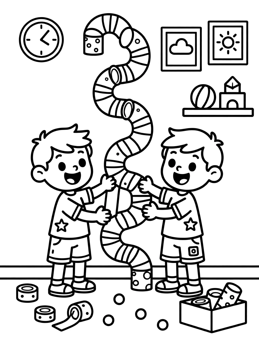 excited twin brothers construct a marble run out of cardboard tubes taped to the wall.