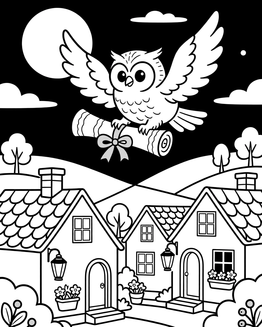 A wizard's owl familiar delivers a rolled scroll message, flying over a moonlit village with lanterns glowing in every window.