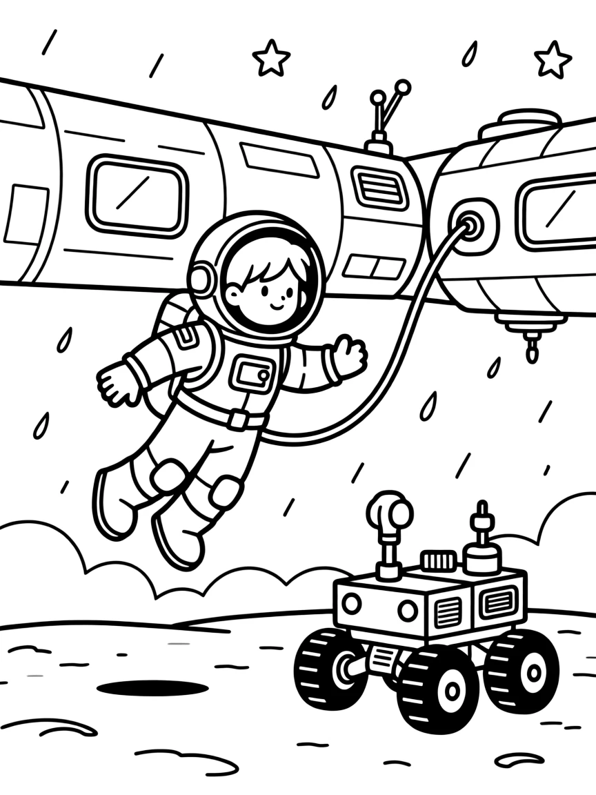 [Astronauts] a young astronaut explorer floating weightlessly near a space station outside a space station. In the background, a rover vehicle sits parked nearby, adding extra fun to explore. A tether line connects back to the ship. It all happens on a foggy morning, with a light drizzle just ending.
