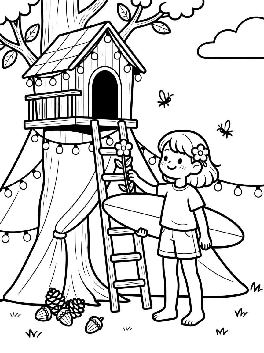 A girl surfer with a flower tucked behind her ear is climbing up to a treehouse hideaway inside a blanket fort glowing with fairy lights. twinkling fireflies rising into the air and a cluster of acorns and pinecones scattered about give the moment a cozy feel.