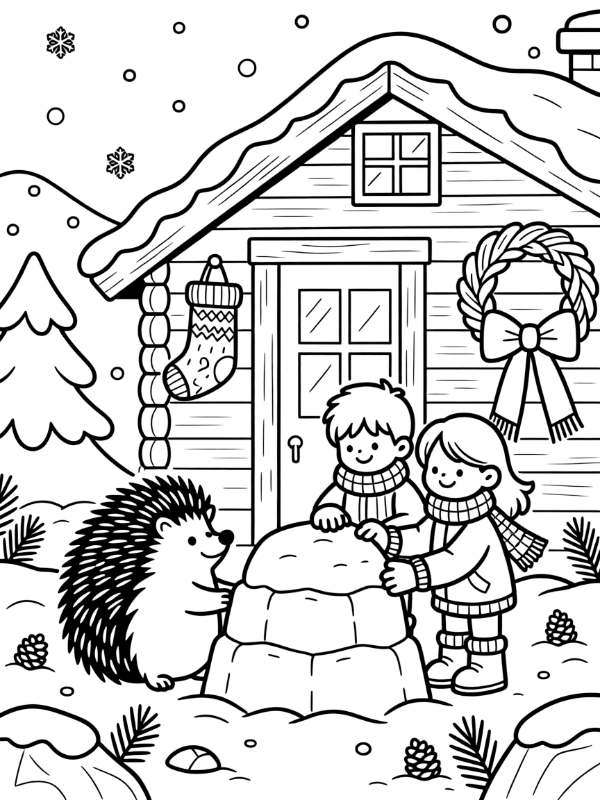 A plump little hedgehog sitting beside children building a snow fort together in a mountain chalet surrounded by drifting snowflakes, with a knitted stocking hung with care and a wreath tied with a red ribbon scattered about.
