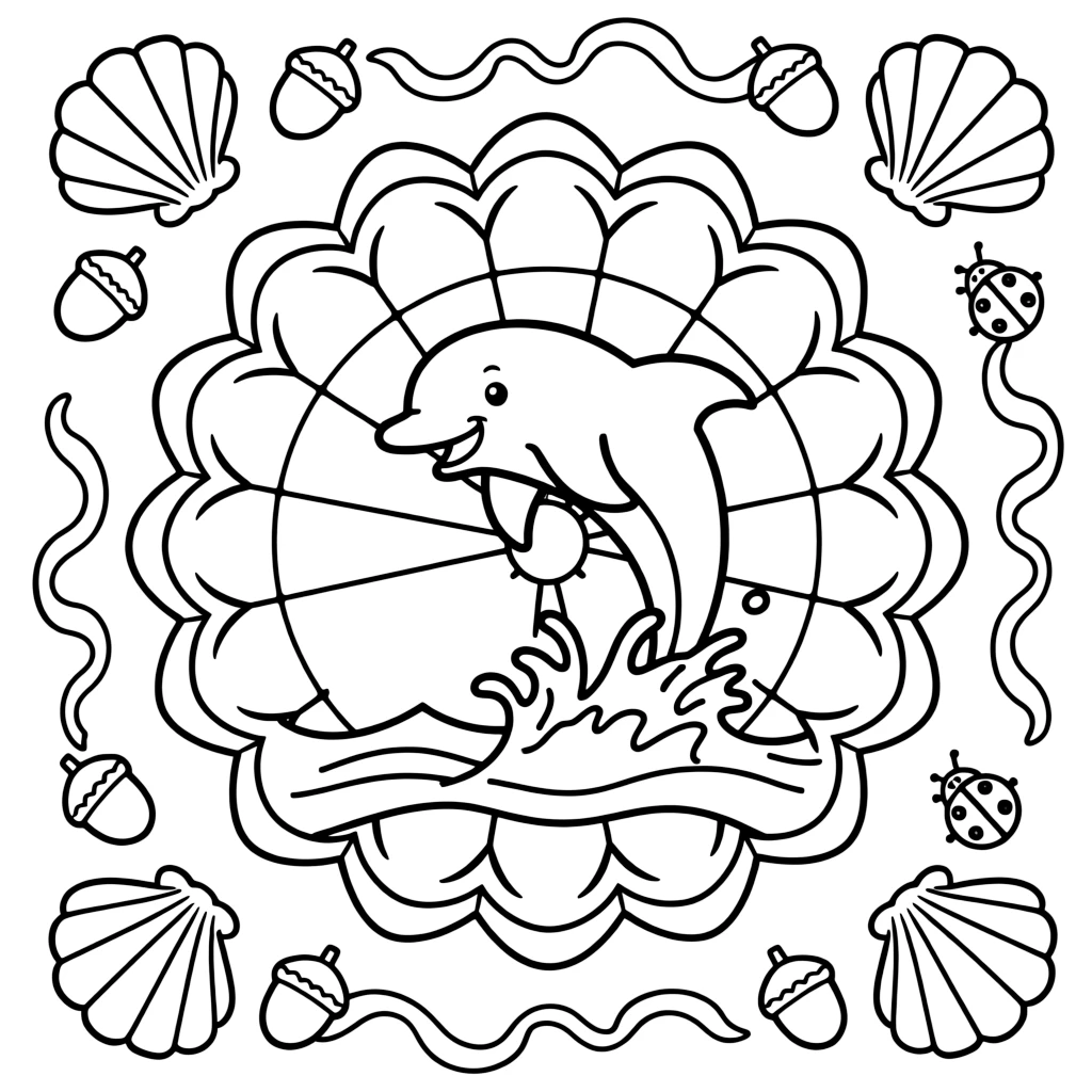 Ocean Creatures: The page presents a small themed scene built around a smiling dolphin leaping through a splash, tied together by a wheel-spoke mandala radiating from a round hub. The scene is arranged in a mirrored scene, with matching elements balanced on the left and right halves of the page. Decorative details fill the surrounding space, including overlapping scalloped shells, loops of ribbon curling back on themselves, and clusters of tiny acorns woven throughout the background. A playful extra touch completes the page: a tiny ladybug tucked among the details, easy to spot once found.
