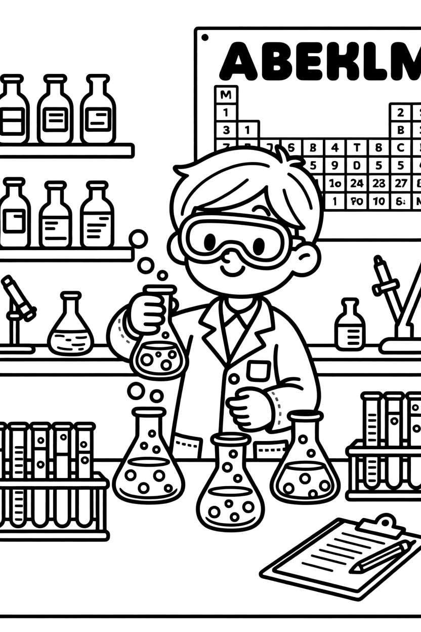 A chemist mixes bubbling colorful liquids in glass beakers inside a laboratory full of test tubes.
