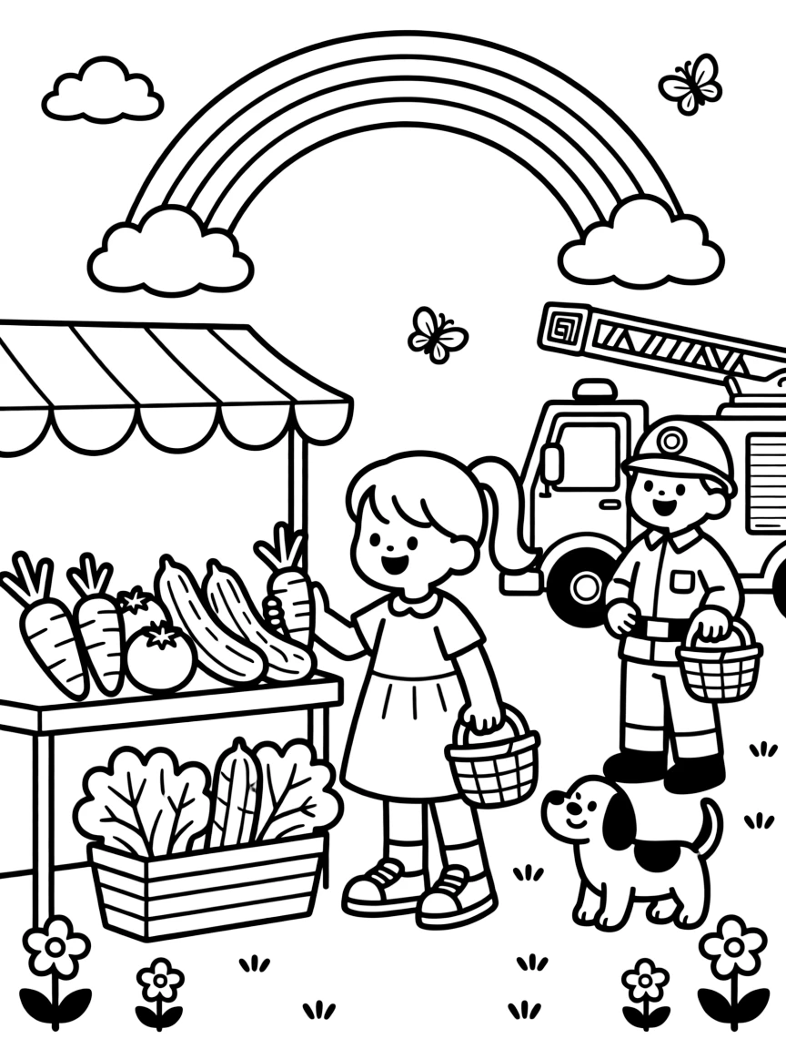 A little sister choosing fresh vegetables at a fire station open house with a rainbow arching overhead.