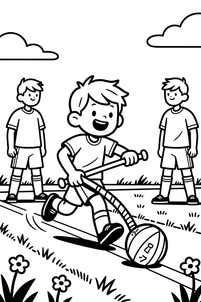 A cheerful young boy, driving the ball down the field with a curved stick past two defenders in colorful kits.