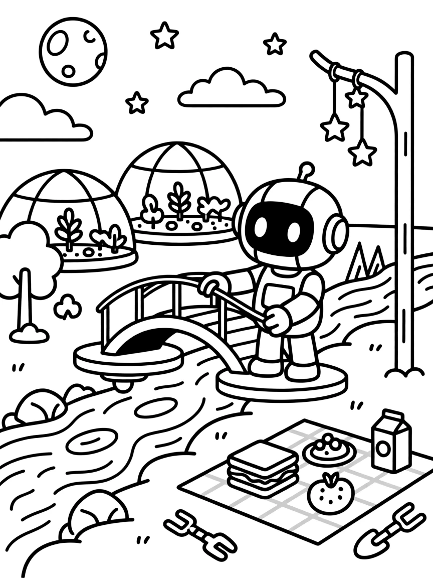 Nutsy, a robot gardener building a bridge across a lava river using force-field platforms near a moon colony with glass domes and low-gravity gardens, surrounded by a picnic blanket spread with snacks under the stars and a wind chime made of tiny metal stars.