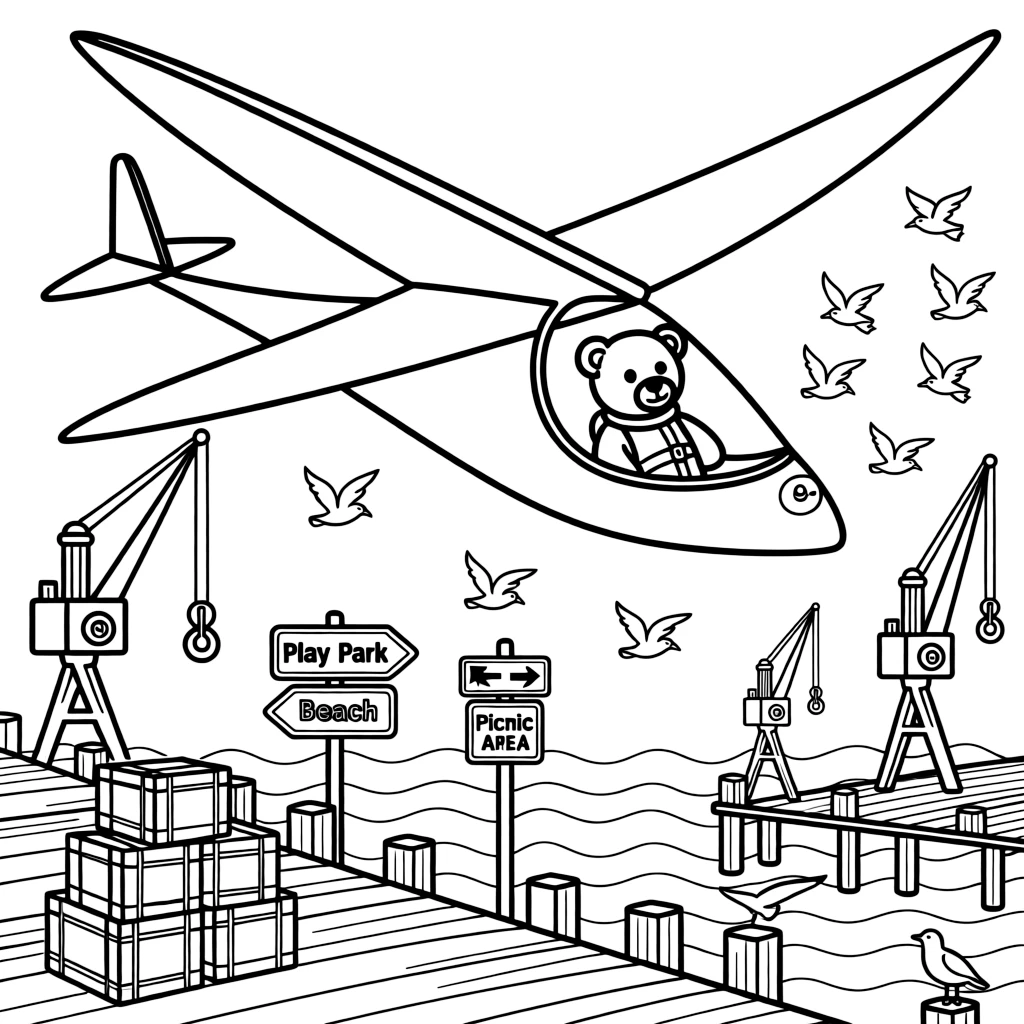 A coloring page featuring a graceful glider soaring silently on the wind, traveling through a busy harbor lined with docks, cranes, and stacked crates, with a teddy bear buckled safely into the passenger seat and road signs pointing toward fun destinations and a flock of birds flying alongside in formation filling the scene.