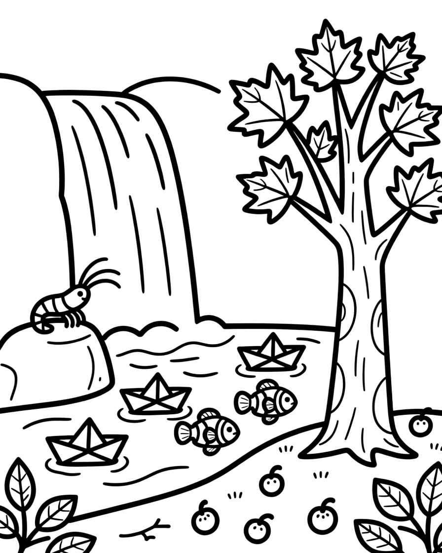 A shrimp near a waterfall, floating paper boats down a stream with a school of clownfish, next to a maple tree in autumn colors, with ripe berries scattered on the ground.