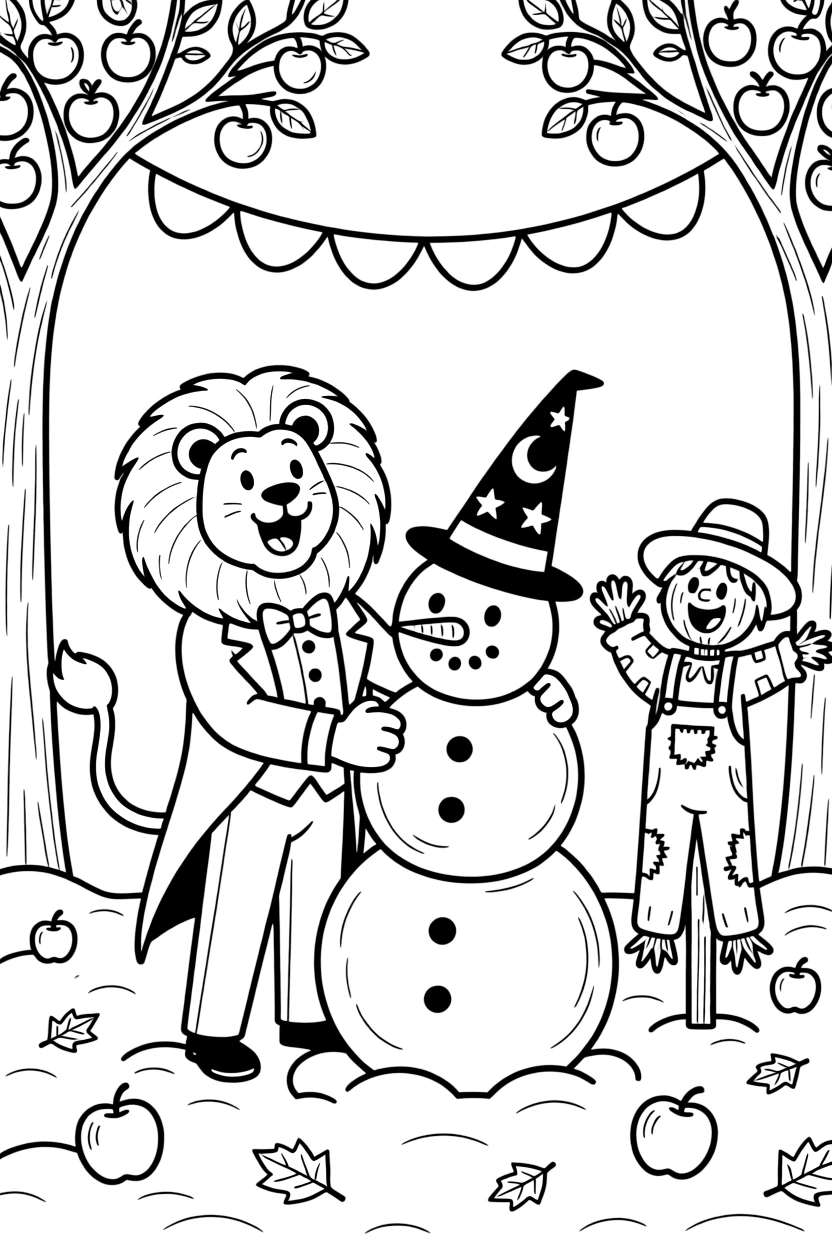 Fluffy and full of excitement, a carnival ringmaster lion spends the day building a snowman wearing a wizard's hat in an apple orchard during harvest festival. Nearby, a cheerful scarecrow waving from the field adds to the fun. The whole crew is grinning from ear to ear.