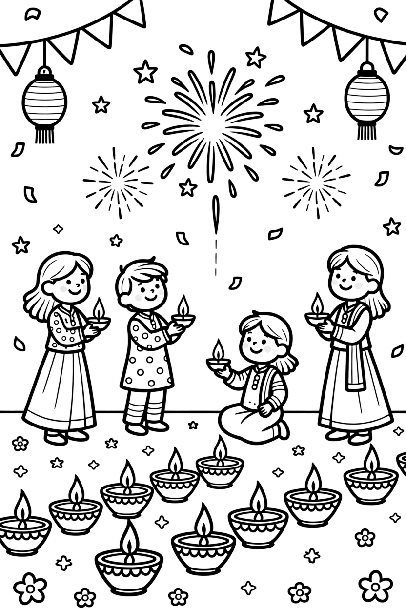 A coloring page capturing a joyful festival moment in India: the Diwali festival of lights with rows of glowing clay lamps and fireworks, surrounded by smiling children, decorations, and confetti in the air.