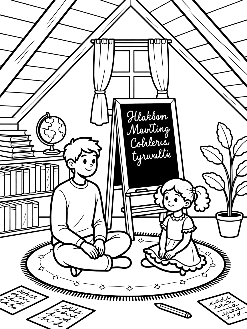 a bright-eyed older brother and his little sister sits in a quiet attic study and practices cursive handwriting on a chalkboard covered in looping letters.