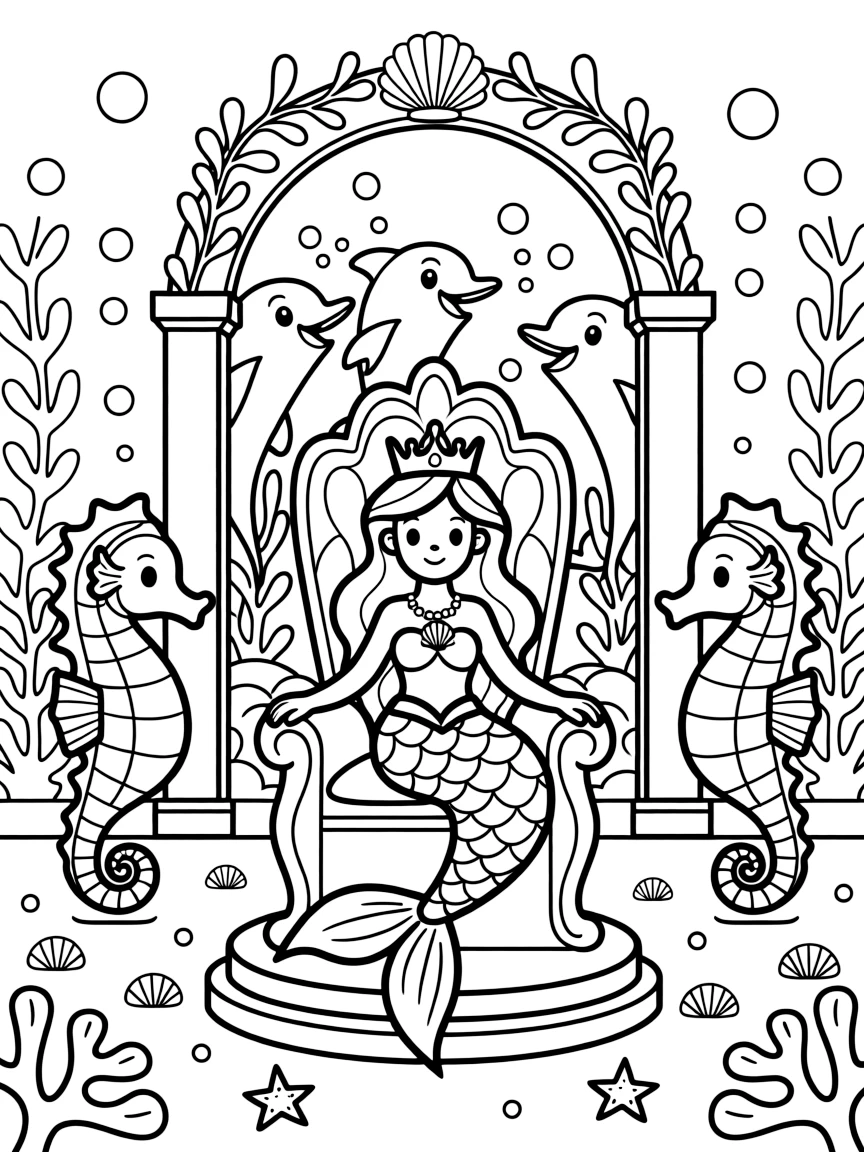 A mermaid princess holds court in a coral throne room, attended by seahorse guards and a chorus of singing dolphins outside the grand archway.