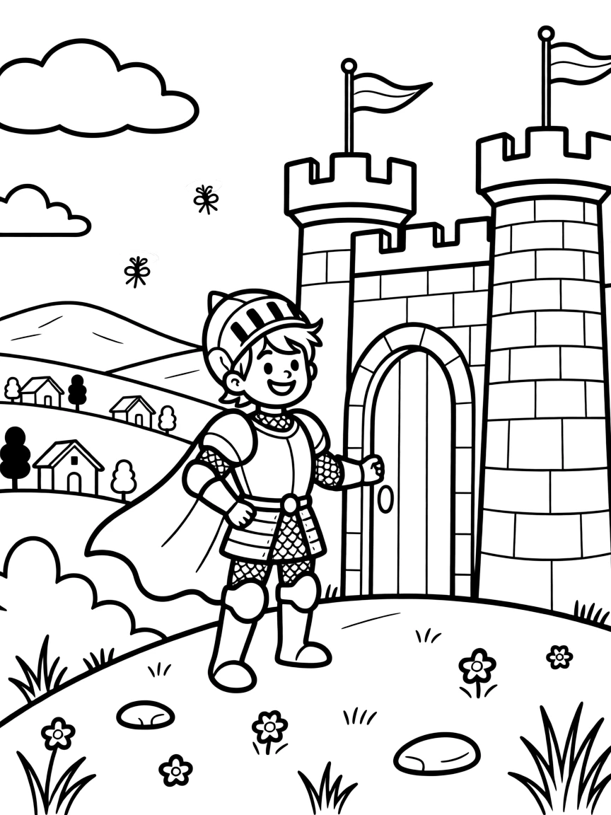 [Knights] A dynamic scene shows a brave knight in shining armor standing guard at a castle gate on a hillside overlooking a kingdom, laughing joyfully. Close by, stone turrets rise against the sky. Chainmail links show beneath the armor plates. The moment unfolds in the late afternoon, with fireflies beginning to glow, filled with energetic detail perfect for a young colorist.