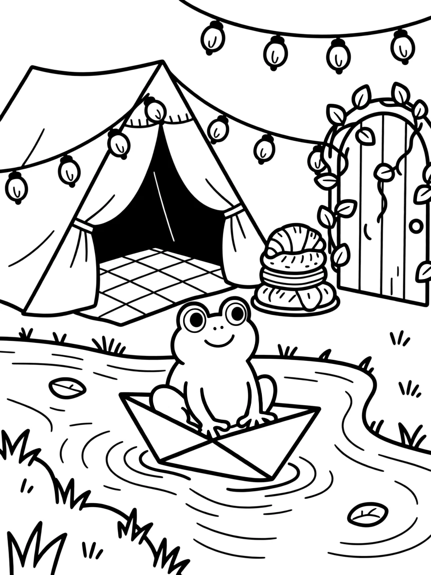 A hopping green frog is sailing a folded paper boat down a gentle stream inside a blanket fort glowing with fairy lights. All around, a stack of freshly baked pastries and a garden gate covered in climbing ivy make the scene feel magical.