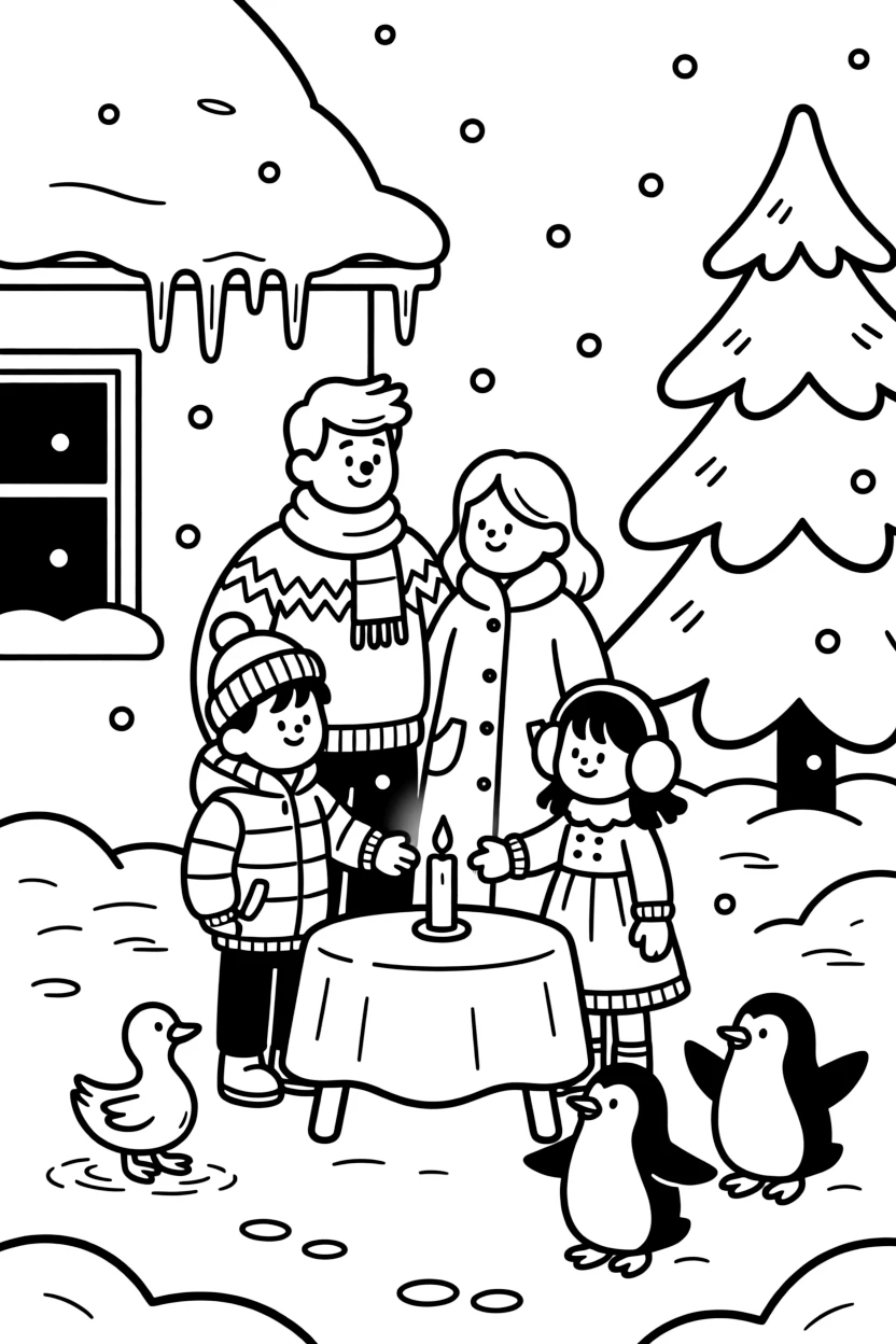 A family lighting a candle together in a snowy front yard with icicles hanging from the roof, with a waddling duckling playing close by amid a trio of playful penguins and a snow-covered pine tree.