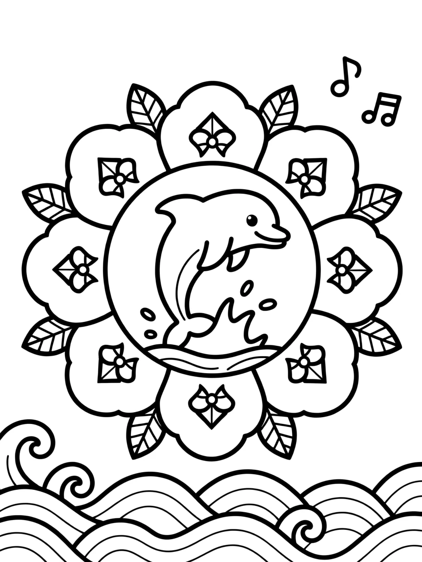 Ocean Creatures: The design turns a smiling dolphin leaping through a splash into a kaleidoscope-style composition anchored by a cloud-ring mandala made of puffy overlapping curves. The imagery is reflected six times around a central point, so each wedge of the page mirrors the one beside it. Decorative details fill the surrounding space, including rows of curling wave shapes, pinwheel blades spinning in place, and rows of gentle leaf veins branching outward woven throughout the background. A playful extra touch completes the page: a few tiny musical notes drifting near one corner of the page.