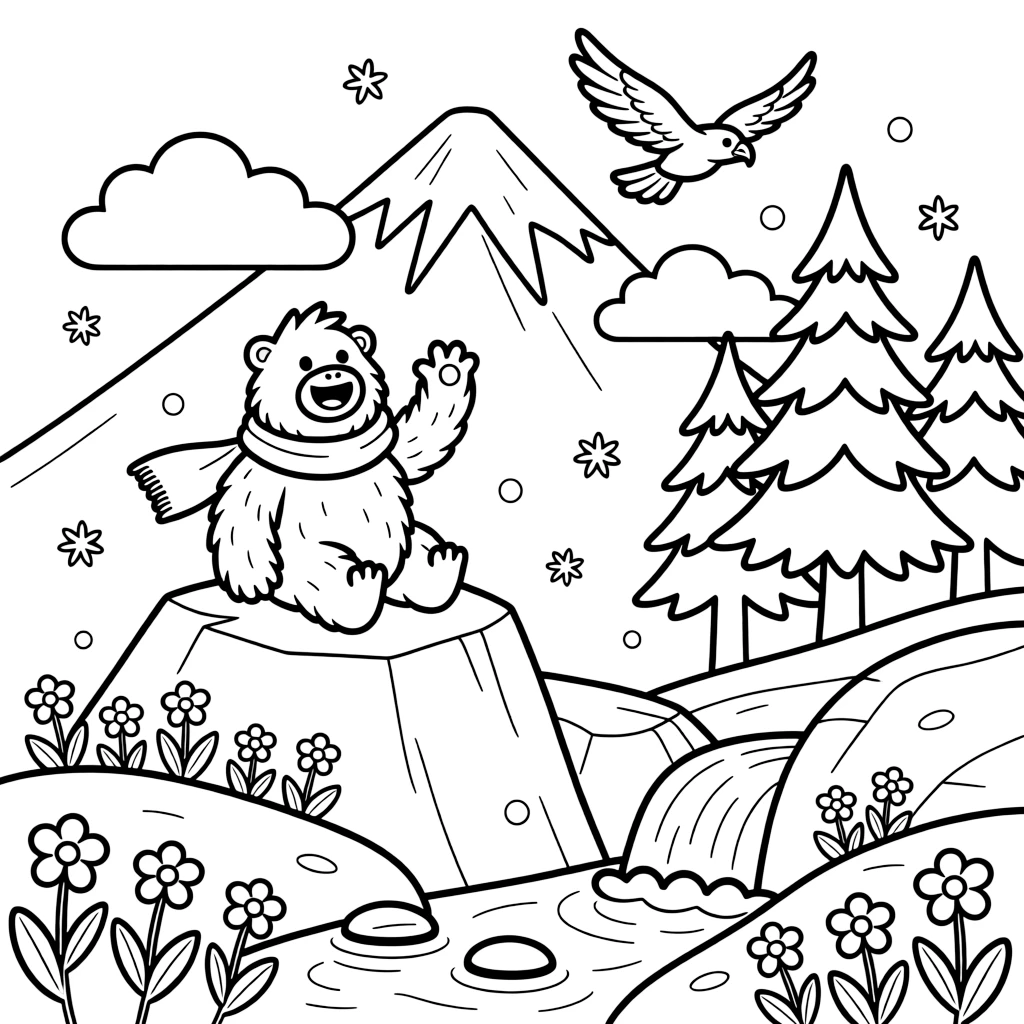 [Mountain Peaks] A friendly yeti waves from a rocky outcrop, surrounded by patches of snow and mountain flowers. Fluffy clouds drift below the summit while a hawk circles above a cluster of pine trees. Patches of wildflowers grow between boulders near a bubbling spring that feeds a mountain stream. Fresh snowflakes drift down over the mountainside, dusting the rocks and pine branches.