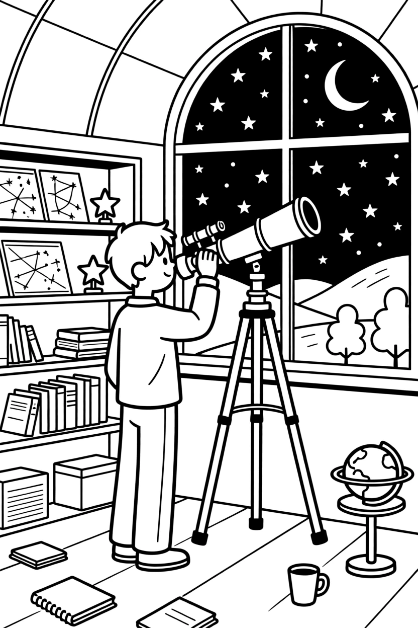 An astronomer looks through a giant telescope pointed at a starry night sky from an observatory.
