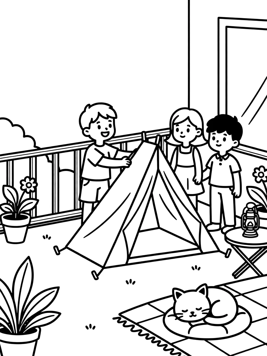 A small boy setting up a tent with cousins on an apartment balcony while a kitten naps in a sunny spot.