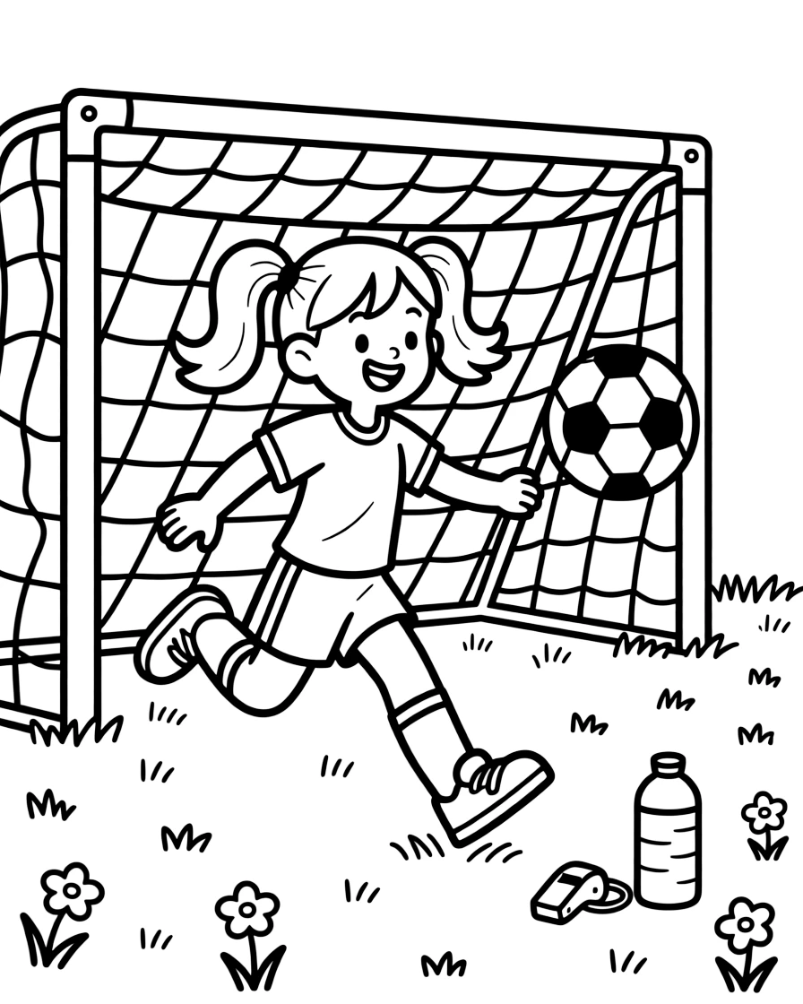 A determined girl with pigtails, scoring a goal with a sharp flick shot into the corner of the net.