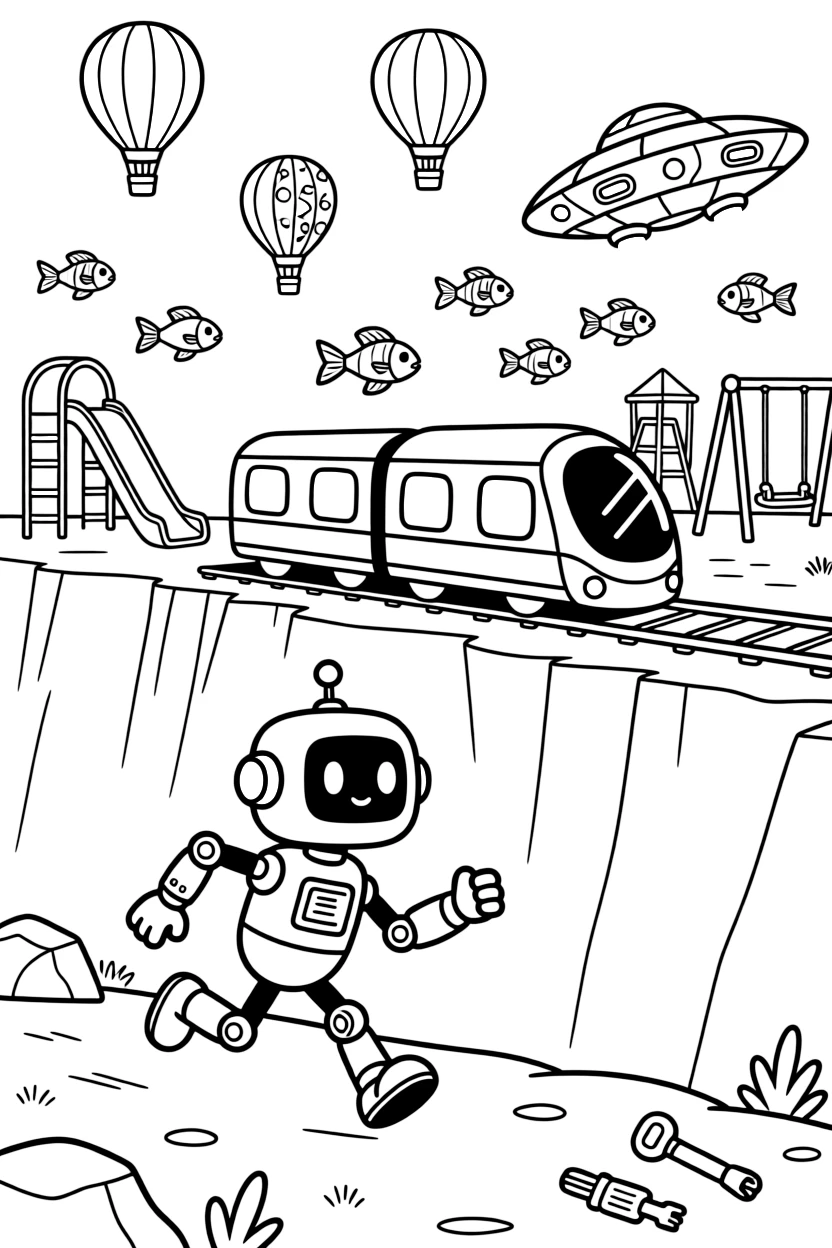 Sprocket-3, a wobbly-legged inventor robot racing to catch a runaway hover-train before it reaches the canyon near a starship graveyard turned into a playground for young explorers, surrounded by a school of glowing space fish swimming through the air and colorful hot-air balloons drifting overhead.