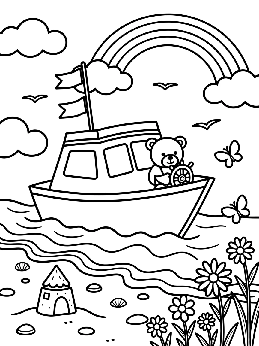A coloring page featuring a shiny white yacht with flags fluttering on its mast, traveling through a sunny sandy beach where waves roll onto the shore, with a teddy bear buckled safely into the passenger seat and butterflies fluttering near a patch of wildflowers and a rainbow arching across the sky filling the scene.