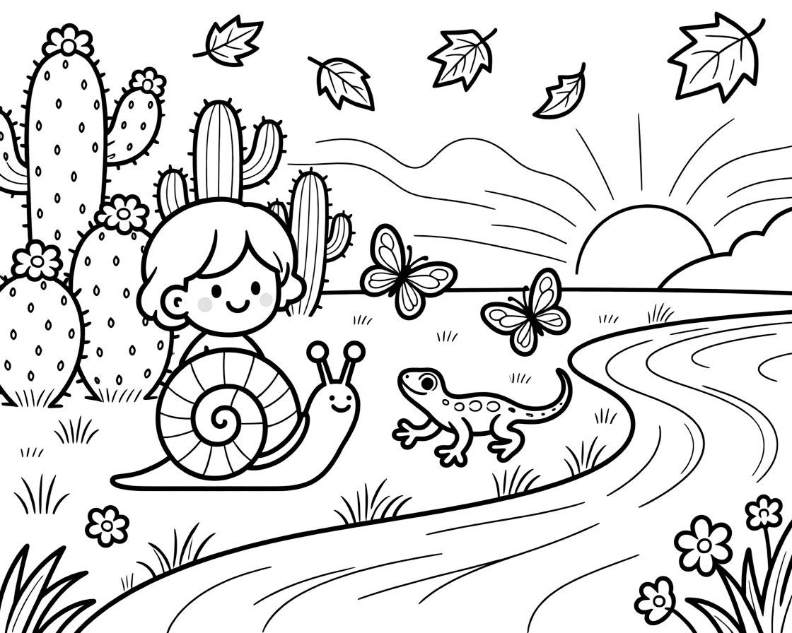 A snail on a riverbank at dawn, chasing butterflies through the garden with a gecko, next to a cactus garden, as autumn leaves swirl in the wind.