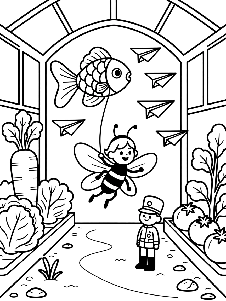 At a space station greenhouse growing giant vegetables, a wide-eyed fairy godmother beetle is busy flying a kite shaped like a giant goldfish, cheered on by a flock of paper airplanes soaring overhead and a wind-up toy soldier standing at attention. Giggles echo happily through the whole valley.