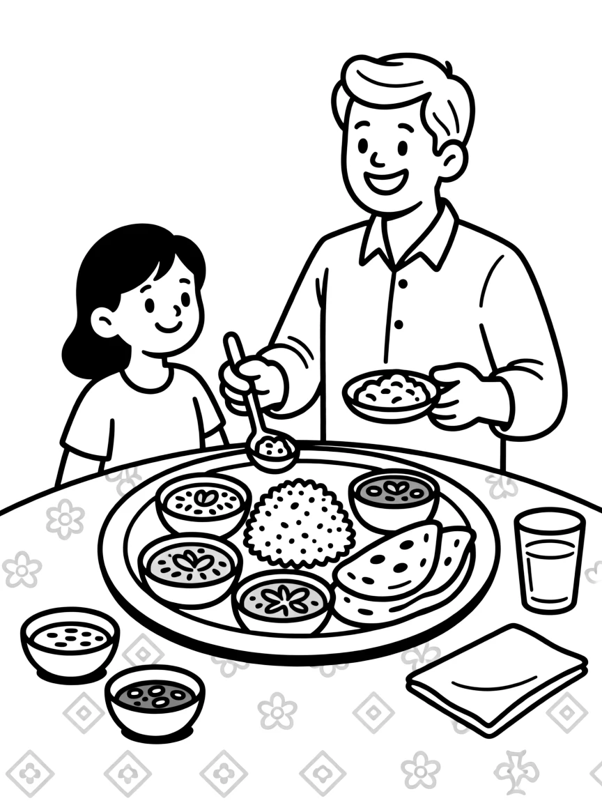 A coloring page showing a delicious spread from India: a thali plate with colorful curries, rice, and warm naan bread, set out on a table with a friendly family member serving portions.