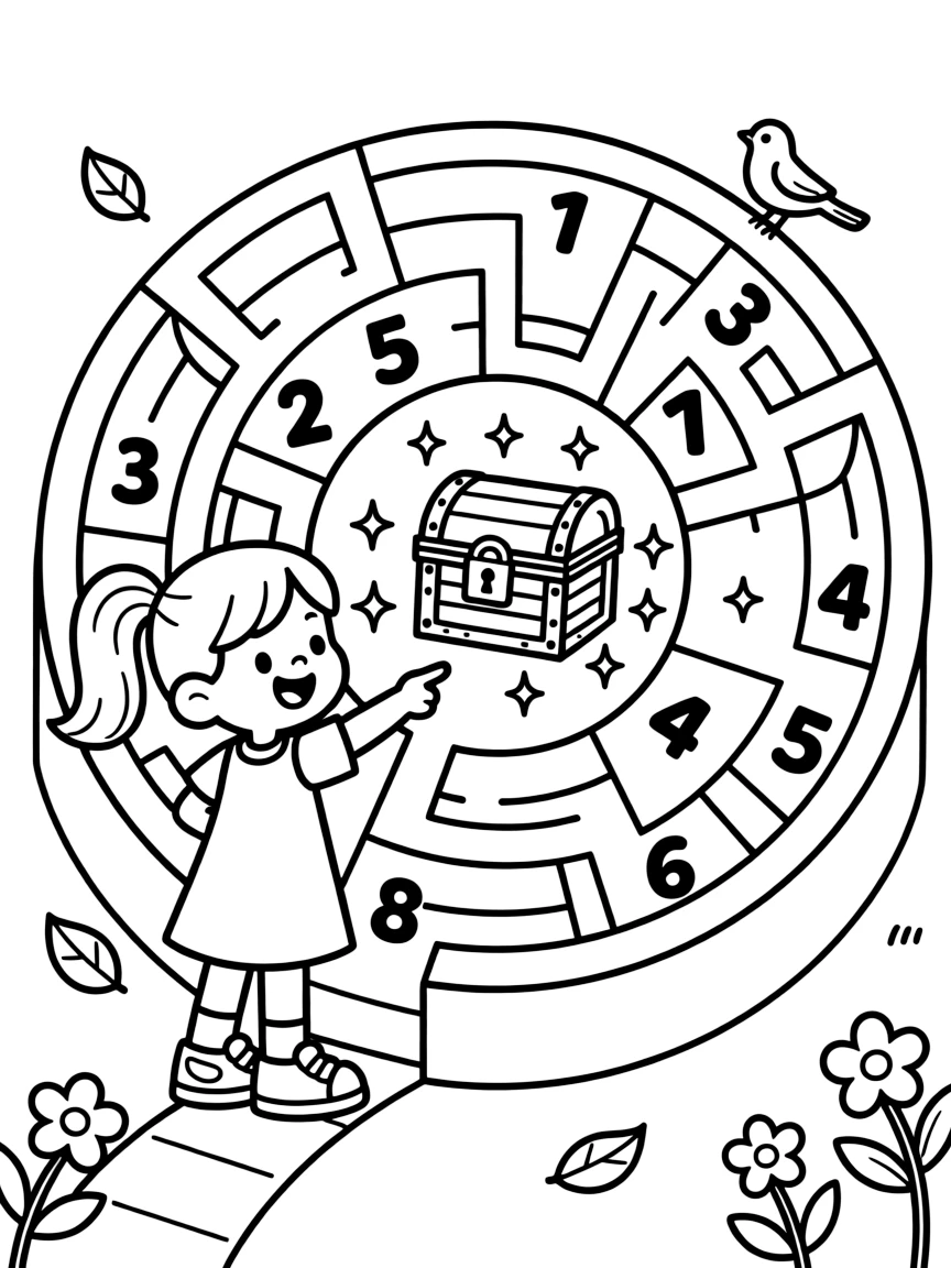 a cheerful little girl figures out a maze shaped like a spiral of numbers leading to a treasure chest.
