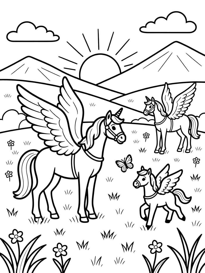 A herd of pegasi graze on a mountaintop meadow at sunrise, their wings catching golden light as foals chase butterflies between the adults' legs.