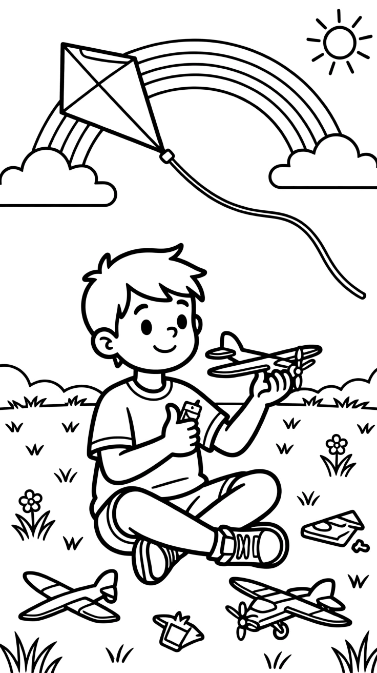 [Hobbies] a boy building a model airplane carefully gluing tiny model pieces together in an open grassy field, giving a confident thumbs-up, while the kite dances high against blue sky fills the surrounding area. Small details invite careful coloring choices. Set in the late afternoon, with a rainbow arching overhead, the page bursts with adventure and imagination.