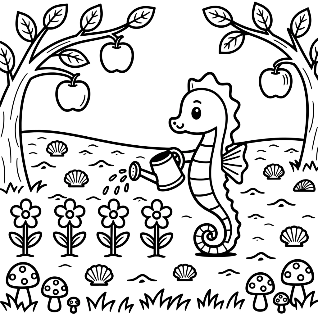 A curious seahorse is watering rows of flowers with a tiny watering can at an apple orchard during the autumn harvest. In the background, glittering seashells scattered on the sand and tiny mushrooms with spotted caps peeking through the grass fill the page with charm.