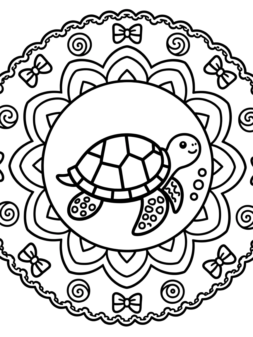 Ocean Creatures: The main subject is a gentle sea turtle with a patterned shell, drawn as the focal point of an arched dome mandala built from layered nested arches. It is placed dead center, with the surrounding rings mirrored perfectly across every direction. Decorative details fill the surrounding space, including delicate lace-edged fringes, loops shaped like small bows, and tightly coiled spiral shells woven throughout the background. A playful extra touch completes the page: a cluster of small bubbles rising near one side of the page.