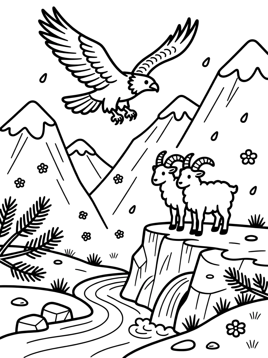 [Mountain Peaks] An eagle soars above jagged cliffs, wings spread wide against the towering mountain backdrop. A pair of mountain sheep with curled horns stand on a narrow ledge overlooking a deep valley. Patches of wildflowers grow between boulders near a bubbling spring that feeds a mountain stream. Fresh snowflakes drift down over the mountainside, dusting the rocks and pine branches.