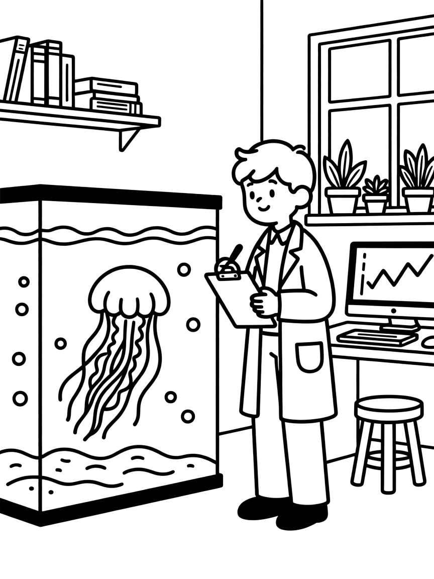 A marine biologist studies a jellyfish floating in a large glass tank at a research station.