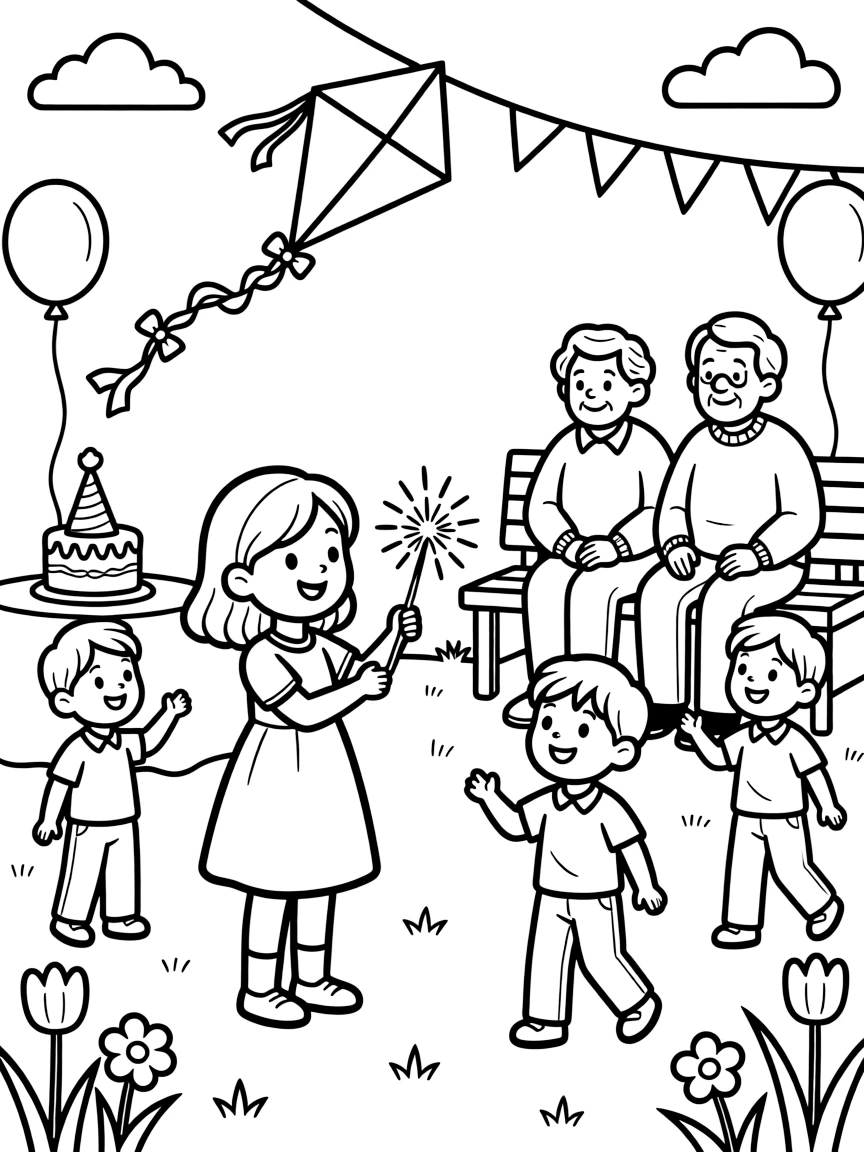 A little girl lighting a sparkler during a grandparent's retirement party with cousins with a kite dancing in the wind.