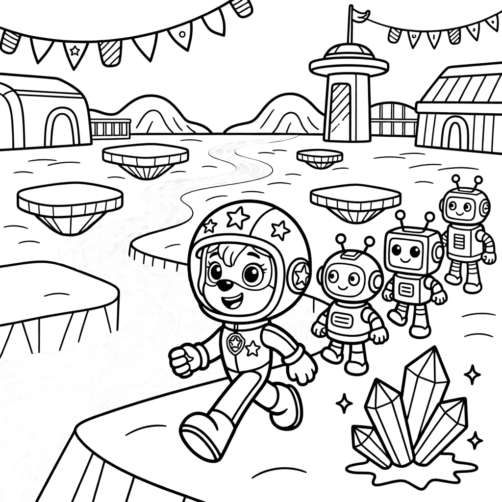 In a lava planet with rivers of glowing orange magma and floating platforms, Star Scout Skye, a young space explorer in a starry spacesuit leading a parade of friendly robots through a festival in the cyber city, while a cluster of floating crystals humming softly adds to the excitement.