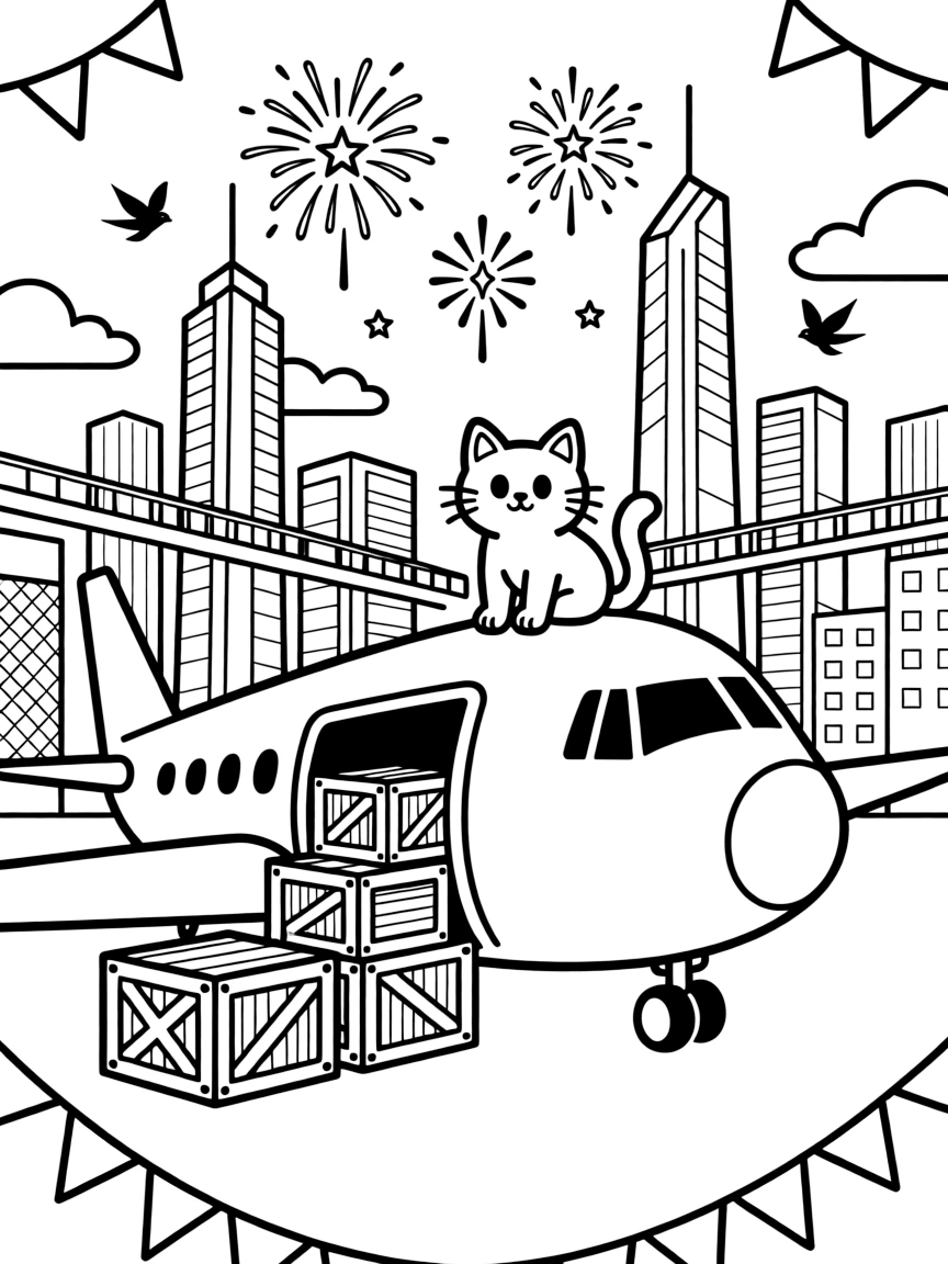 This page centers on a cargo airplane with its nose open for loading crates exploring a gleaming futuristic city skyline with towers and skywalks, featuring a curious cat perched on the hood and little extras like colorful flags fluttering from every corner and fireworks bursting in the sky in the background.