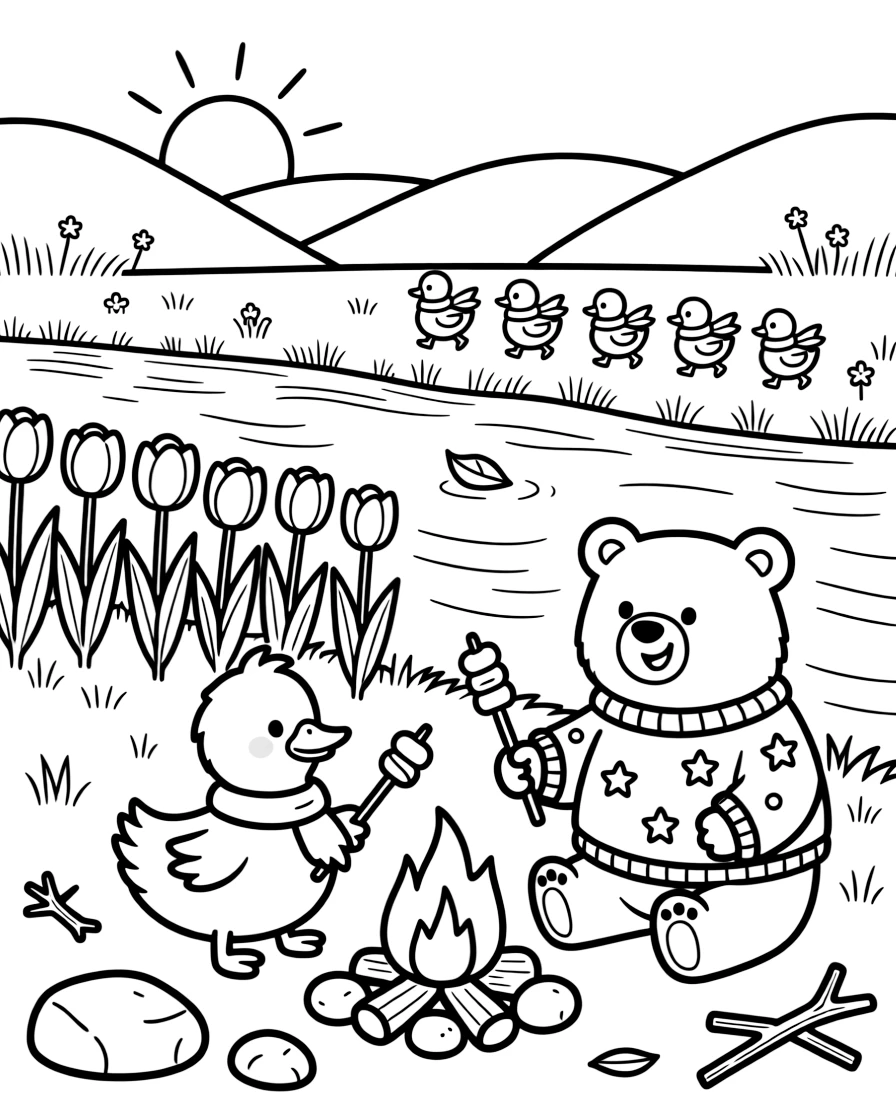 A duckling on a riverbank at dawn, roasting marshmallows by a campfire with a polar bear cub, next to a bed of tulips, with a family of ducklings following behind.