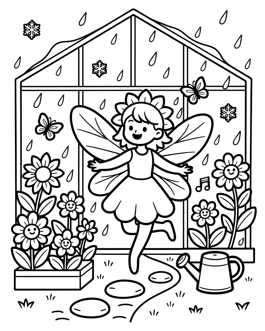 A sturdy sunflower fairy takes a break from adventures to try dancing happily in a warm summer rain in a greenhouse filled with singing flowers, with sparkling snowflakes drifting down all around close behind. A gentle breeze carries the sound of joyful laughter.