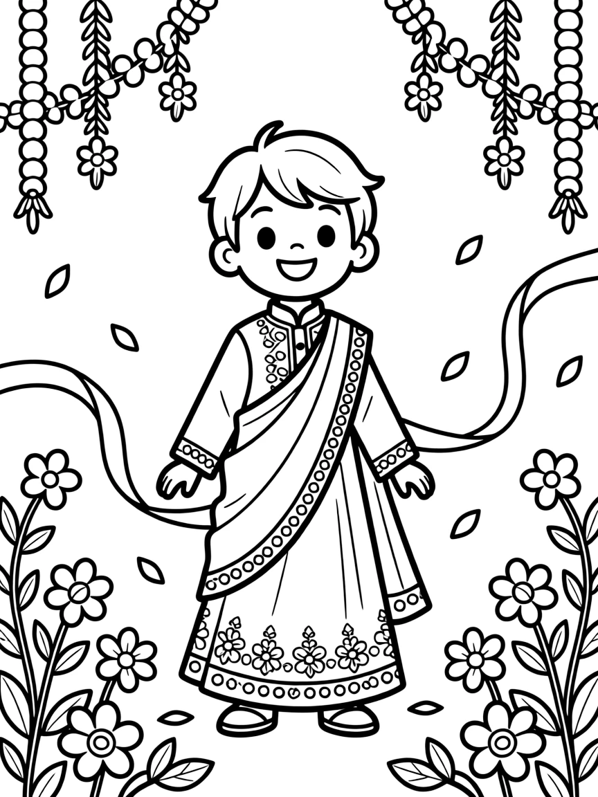 A coloring page from India showing a child wearing a bright embroidered kurta or a sari with sparkling trim, posed for a festival photo with flowers and ribbons decorating the background.
