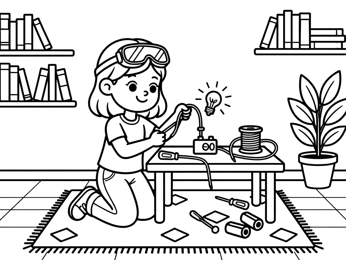 a mischievous young girl in safety goggles builds a simple circuit with a battery and wire that lights up a small bulb.