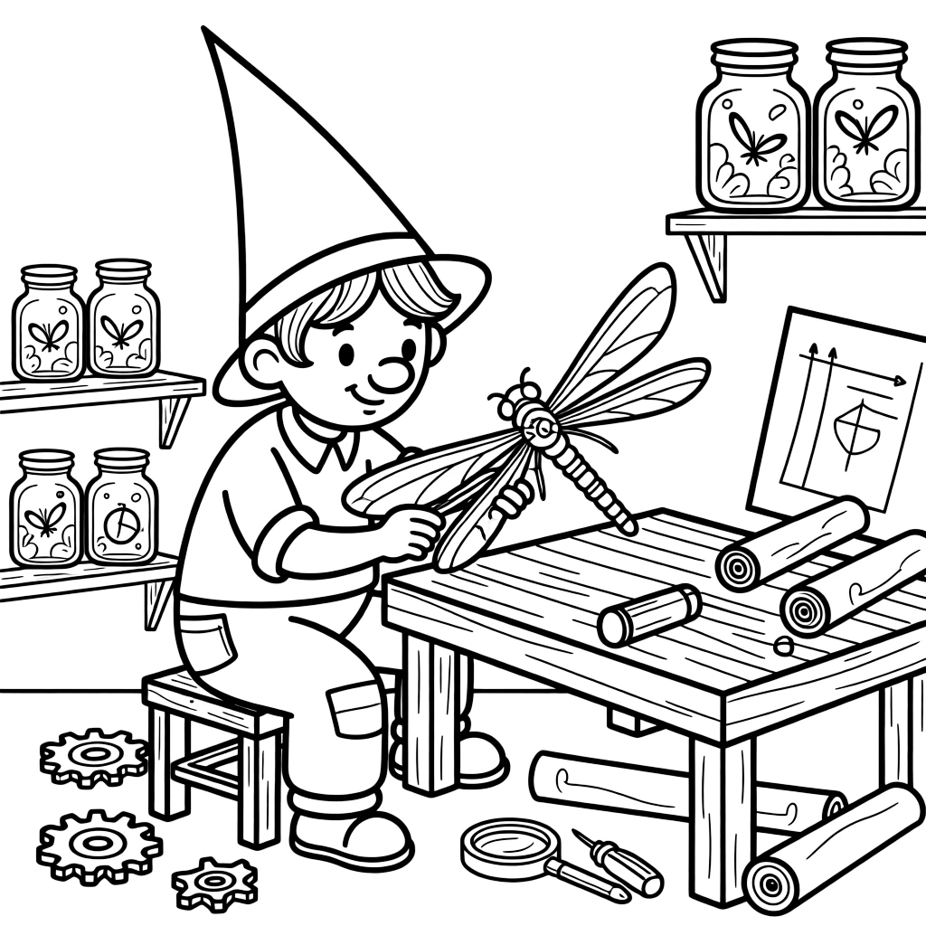 A gnome inventor tinkers with a mechanical dragonfly in his workshop cluttered with gears, blueprints, and jars of fireflies used for light.