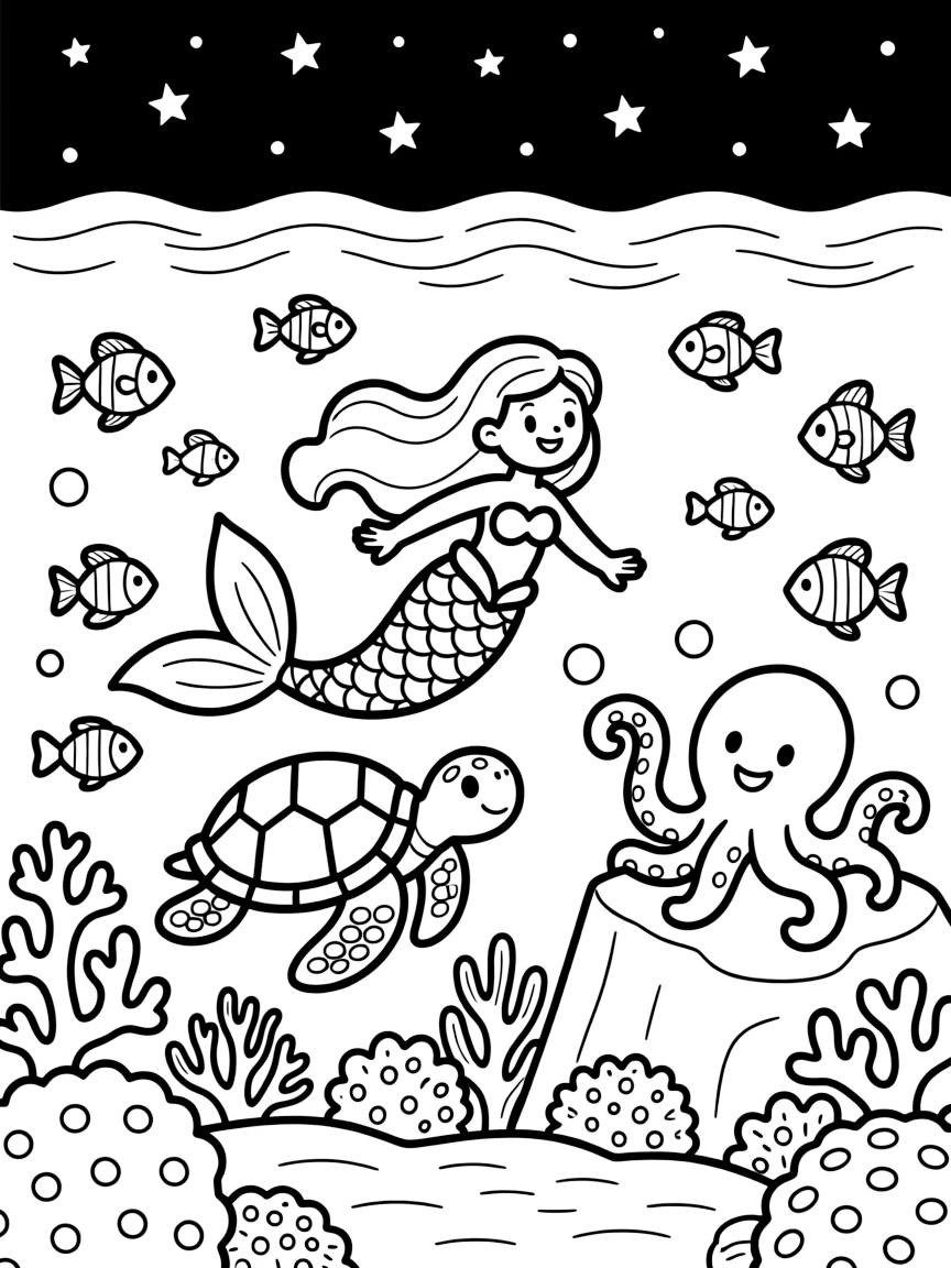 [Underwater Adventures] A dynamic scene shows a mermaid swimming among the fish swimming alongside a friendly sea turtle around a vibrant coral reef, letting out a triumphant roar. Close by, a friendly octopus waves from a rock. Coral formations add colorful texture. The moment unfolds under a starry night sky, with a light breeze blowing, filled with energetic detail perfect for a young colorist.