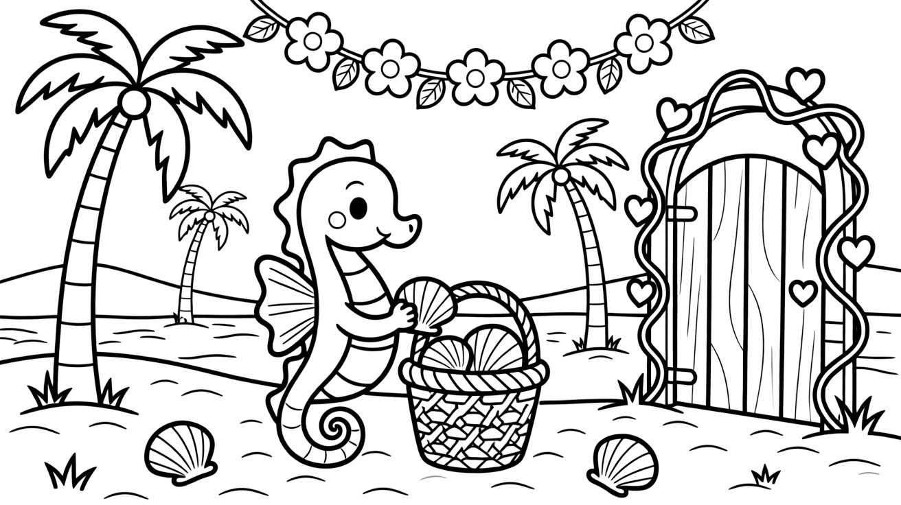 A curious seahorse is gathering seashells into a woven basket at a desert oasis ringed with palm trees. Scattered nearby, a garland of paper flowers strung overhead and a garden gate covered in climbing ivy add to the delightful moment.