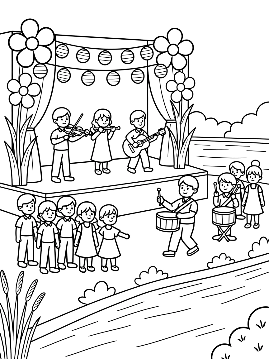 A close-up of a stage decorated with flowers and lights on a riverbank crowded with people watching a celebration, surrounded by musicians playing lively instruments and a drummer leading a small procession.