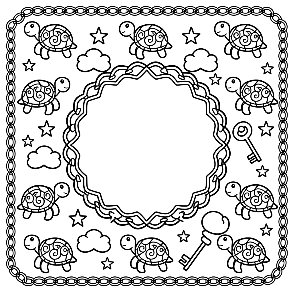 Ocean Creatures: The page centers on a repeating motif of a gentle sea turtle with a patterned shell, built around a shell-spiral mandala coiling outward in smooth turns. The motif is shown marching in a repeating row all the way around the border of the page, framing an open medallion left blank in the center. Decorative details fill the surrounding space, including interlocking circle chains, clusters of small five-point stars, and rounded puffy cloud shapes woven throughout the background. A playful extra touch completes the page: a small key shape tucked discreetly among the pattern details.