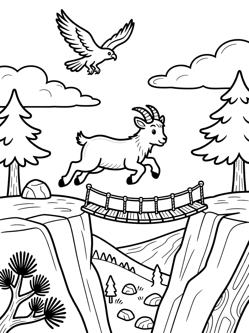 [Mountain Peaks] A young mountain goat leaps confidently across a rocky ledge high above a green valley. Fluffy clouds drift below the summit while a hawk circles above a cluster of pine trees. A rope bridge stretches across a deep ravine, connecting two rocky cliffs dotted with pine trees. Late afternoon light glows across the ridgeline, casting long shadows over the rocky trail.