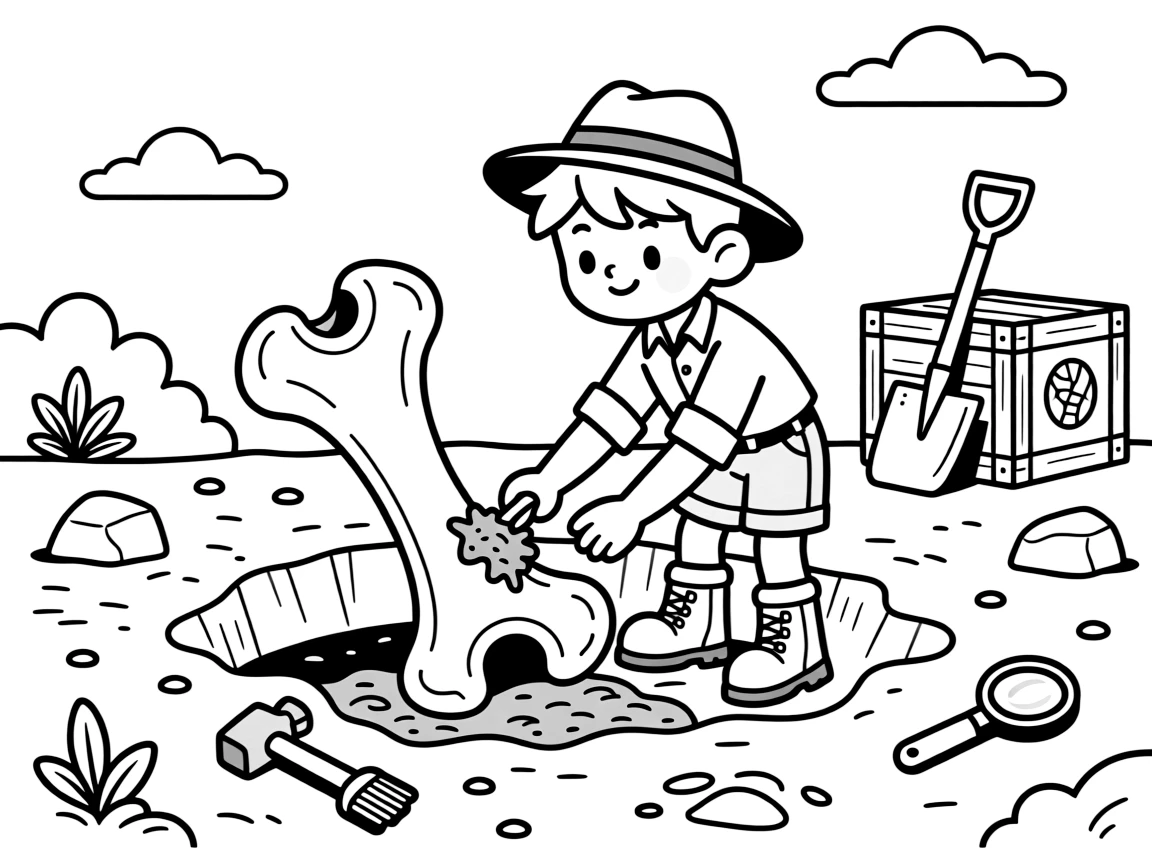 A paleontologist brushes dirt away from a dinosaur bone at an outdoor dig site.